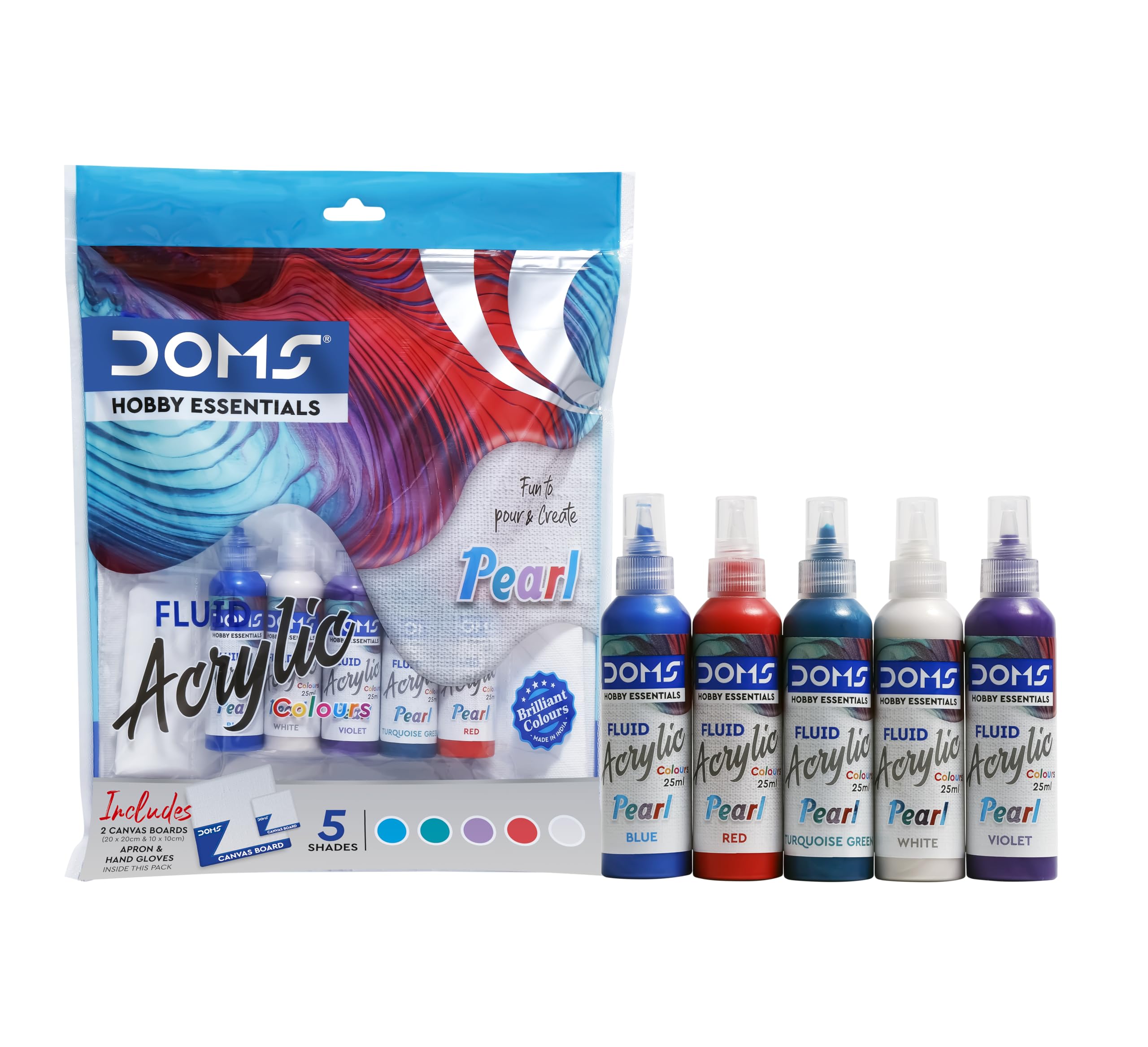DOMS Pearl Fluid Acrylic Colour | 5 Assorted Pearl Colours Blue, Turquoise Green,Violet,RED & White of 25ml Each | 10 X 10 cm / 20 X 20 cm Canvas Board | 2 Gloves-image-42