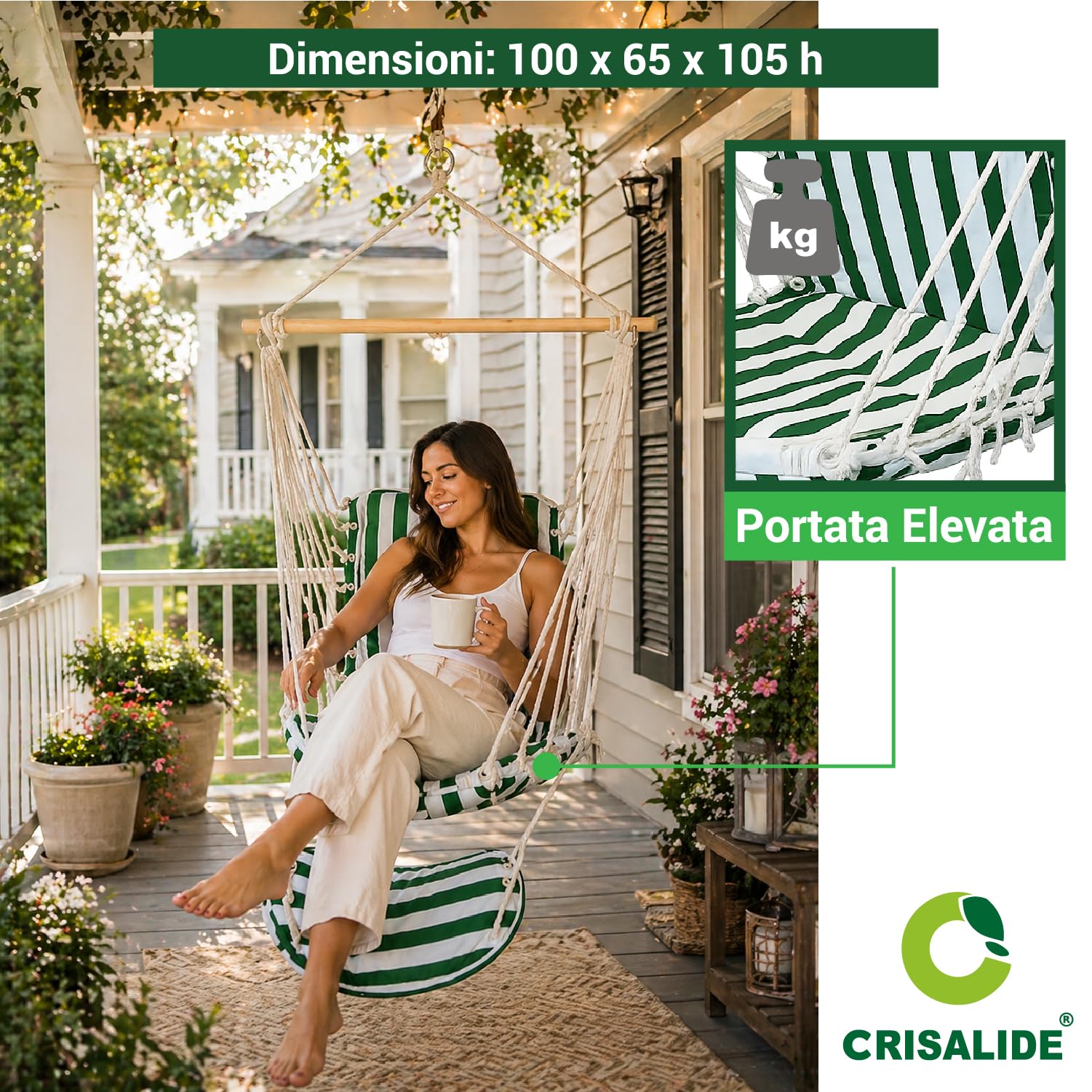 Crisalide® - Amaca a Poltrona da Giardino con Poggiapiedi, Sedia Sospesa con Barra in Legno, Copertura in Poliestere, Design Salvaspazio, Ideale per Terrazzo, Balcone e Giardino