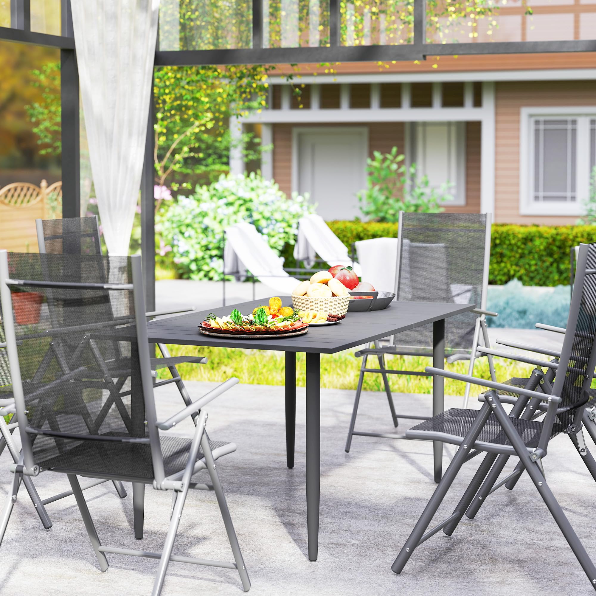 Outsunny Tavolo da Giardino Rettangolare 150x90x73 cm, Tavola da Pranzo per 6 Persone con Design a Doghe e Foro per Ombrellone in Acciaio, Per Patio, Terrazzo, Balcone ed Esterno, Nero