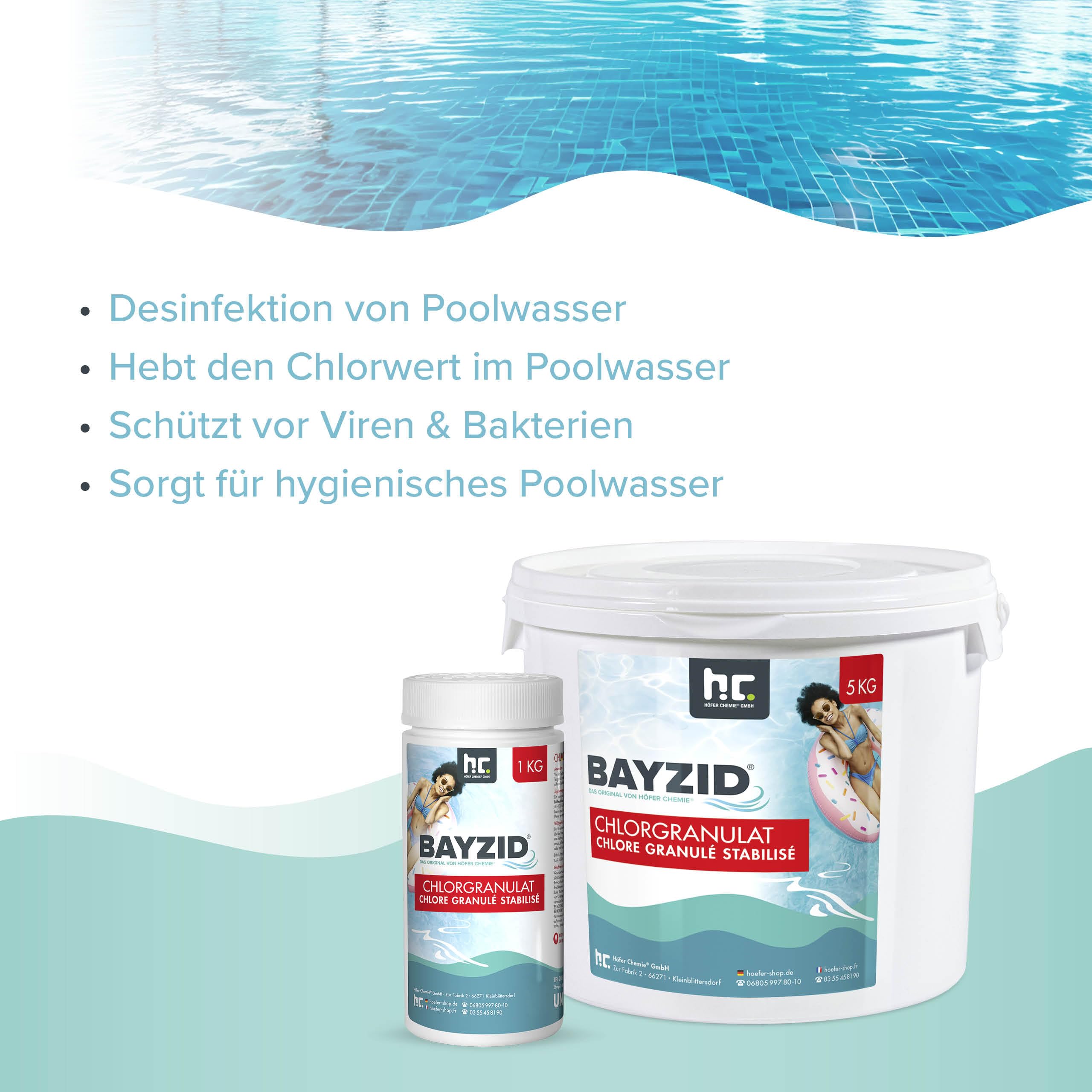 Höfer Chemie Chlorgranulat für Pool 5kg - 56% Aktivchlorgehalt zur Schnellen Anhebung des Chlorgehaltes - Bekämpft Keime & Bakterien - Leicht Löslich Schwimmbad