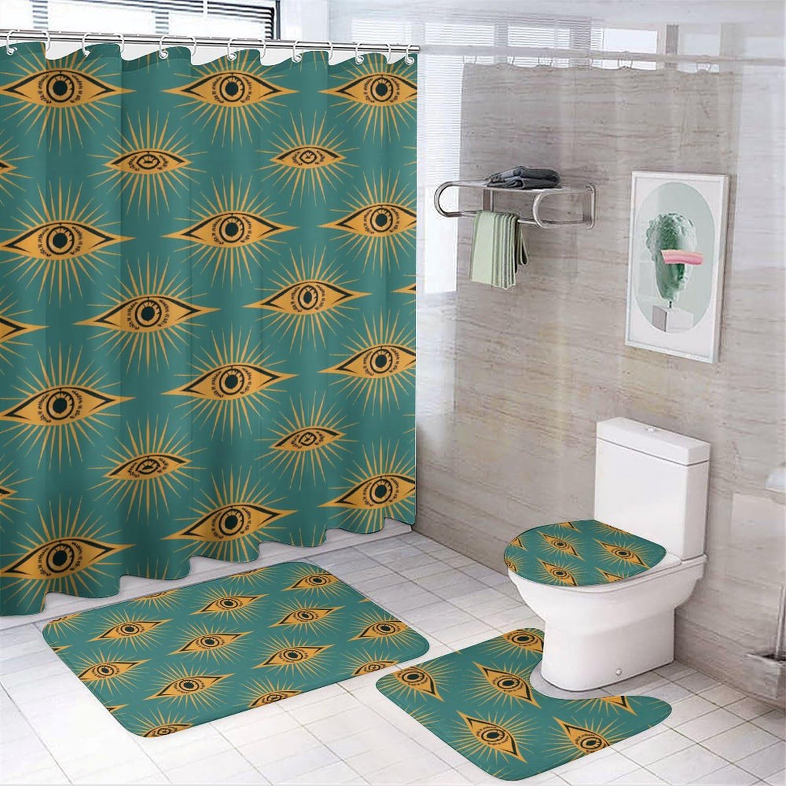 CGSBNGHA Green Evil Eye Moon Shower Curtain Set 4 Piece Bathroom Sets with Rugs Toilet Lid Cover And U-Shaped Floor Mat