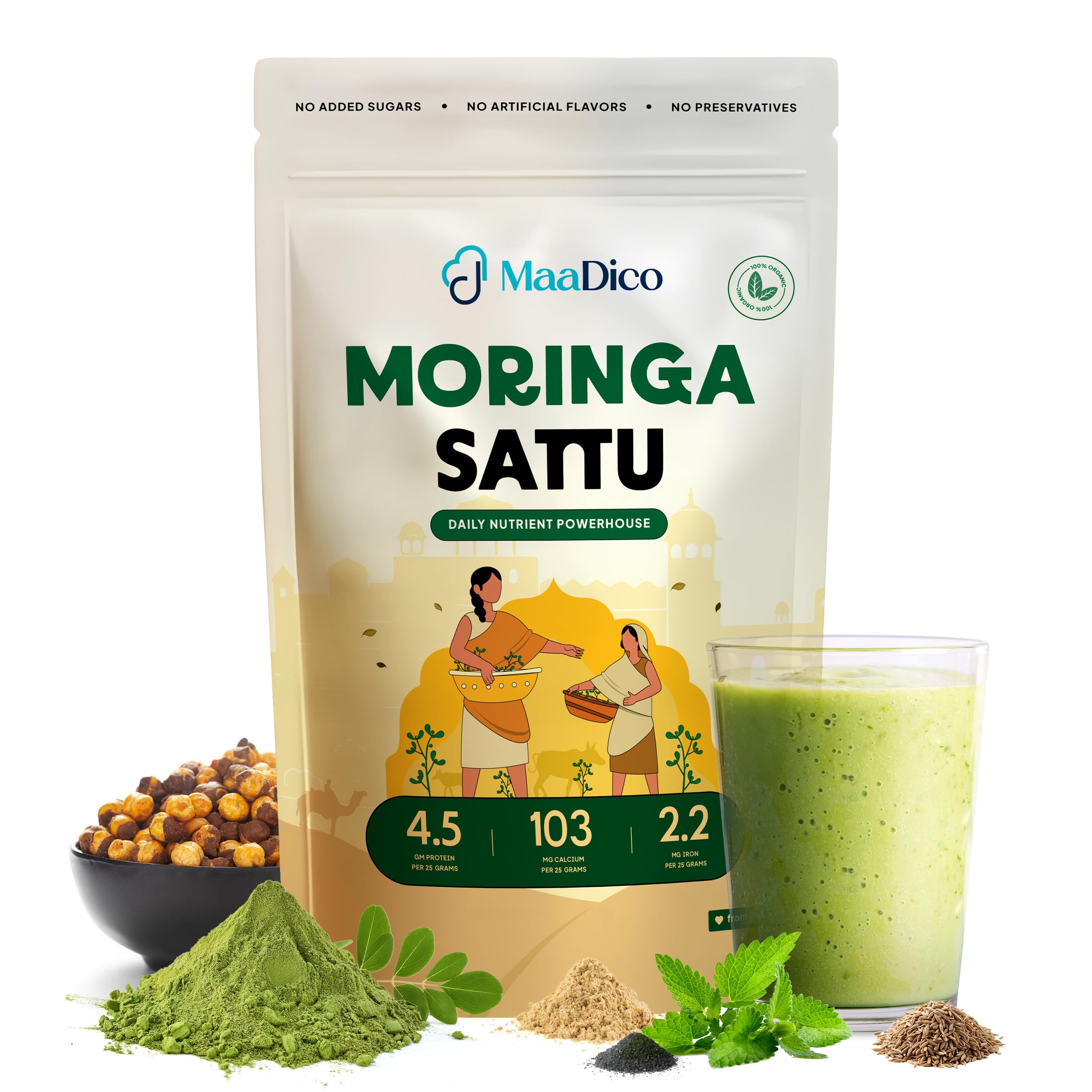 Moringa Sattu Protein Powder, 1 Kg | 4.7G Protein, 90.8mg Calcium, 3.3mg Iron Per 20G | Boosts Stamina, Endurance, Energy | Plant Protein Powder For Lean Muscle Mass & Weight Management |-image-14