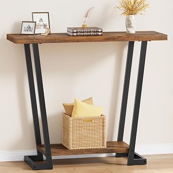 Tajsoon 2 Tier Narrow Console Table, 31.5 Entryway Table, Rustic Brown