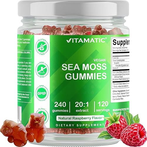 Vitamatic Gomitas de musgo marino irlandés mg  240 gomitas veganas  Hechas con vejiga y raíz de bardana  Suplemento de masa de marina, sin gluten y