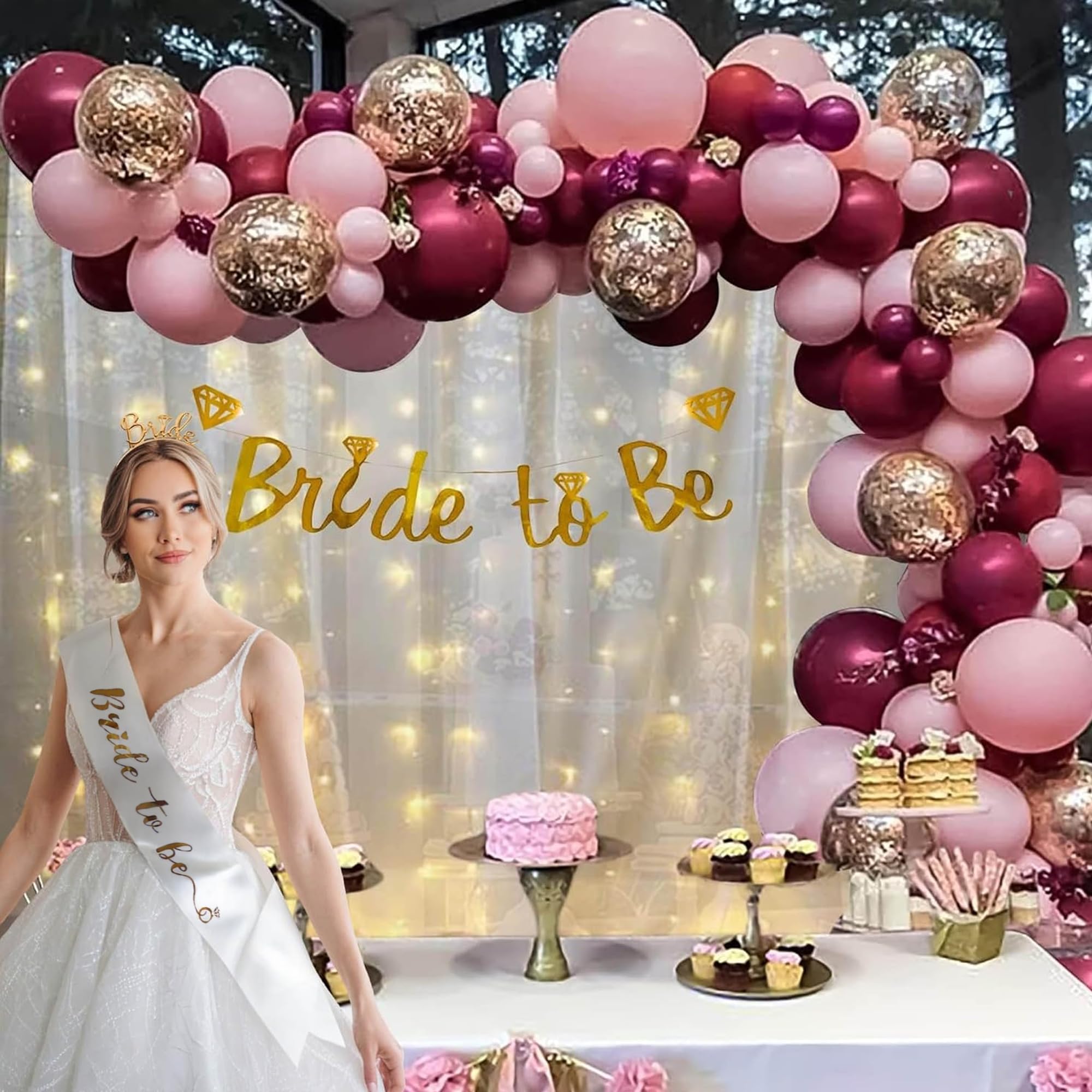 SpecialYou Bride to be Decoration Items with bride to be sash & Headband- 71 Pcs, Burgundy & pink balloons for Decoration, Props, bridal shower decorations kit