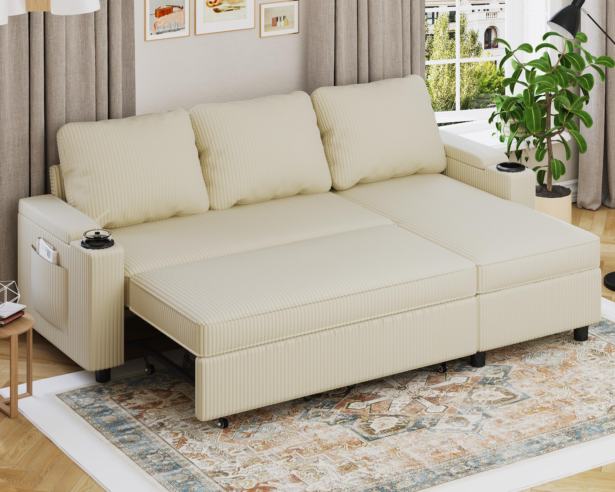 Devoko Canape Dangle Convertible, Canapé Convertible avec Rangement et Méridienne Réversible, Multifonctionnel Canape 3 Places Canapé Lit avec Accoudoirs pour Salon et Petit Appartement,Beige