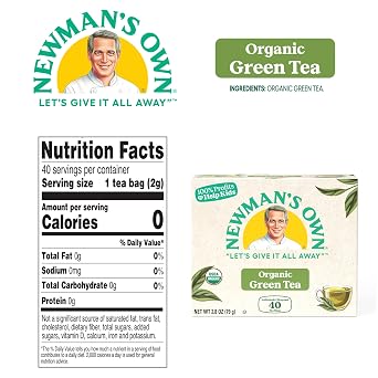 Newman's Own Organic Green Tea May Aid in Digestive Health, Green Tea with 40 Individually Wrapped Tea Bags Per Box (Pack of 6) USDA Certified Contains Caffeine Brew Hot