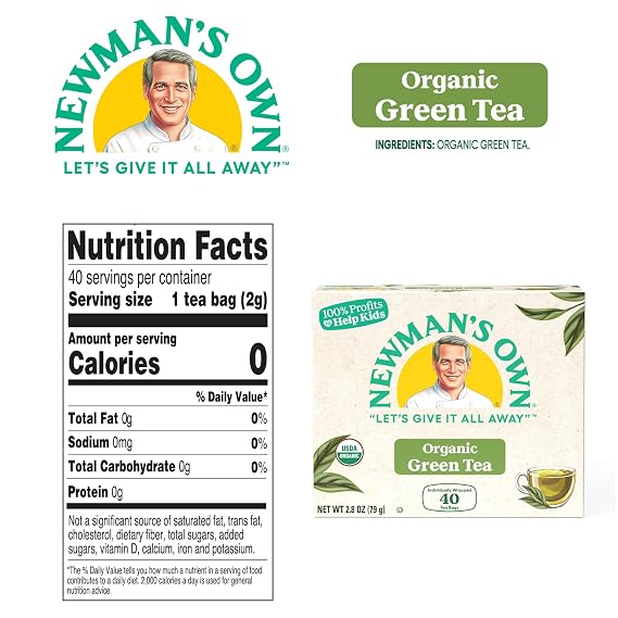 Newman's Own Organic Green Tea May Aid in Digestive Health, Green Tea with 40 Individually Wrapped Tea Bags Per Box (Pack of 6) USDA Certified Contains Caffeine Brew Hot