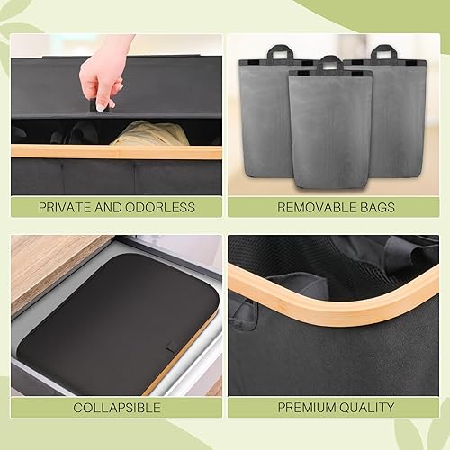 Miniatura 7 de Cesta de lavandería con tapa, cesta de ropa de 145 litros para la ropa sucia de 3 secciones, cesta grande para la ropa sucia con bolsas extraíbles,