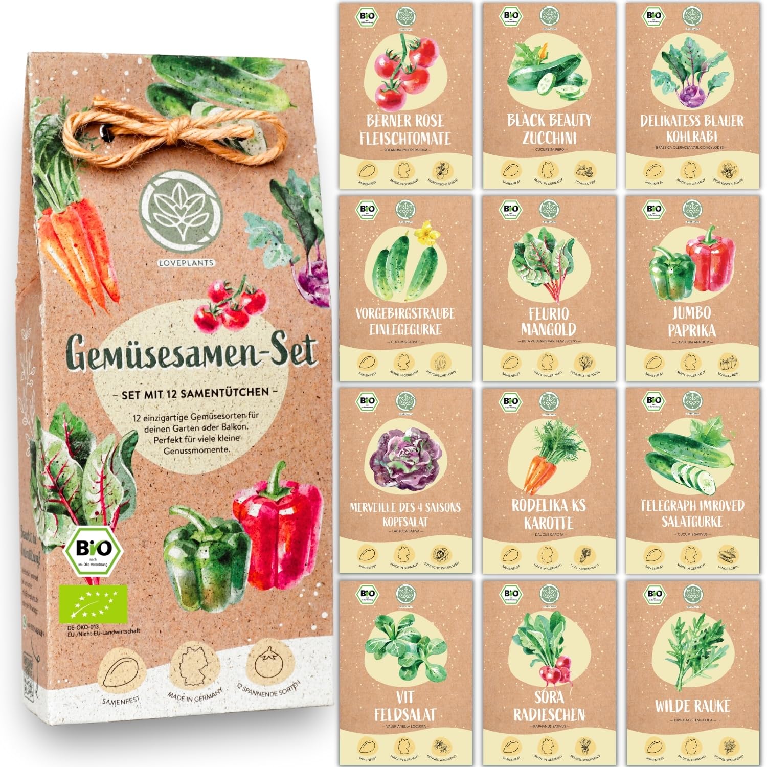 Bio Gemüse Samen Set - 12 Sorten Gemüsesamen aus biologischen Anbau, samenfestes Gemüse Saatgut, Bio Gemüsesamen Set für das Hochbeet, Garten, Balkon und Küche, 12er Pflanzensamen Set