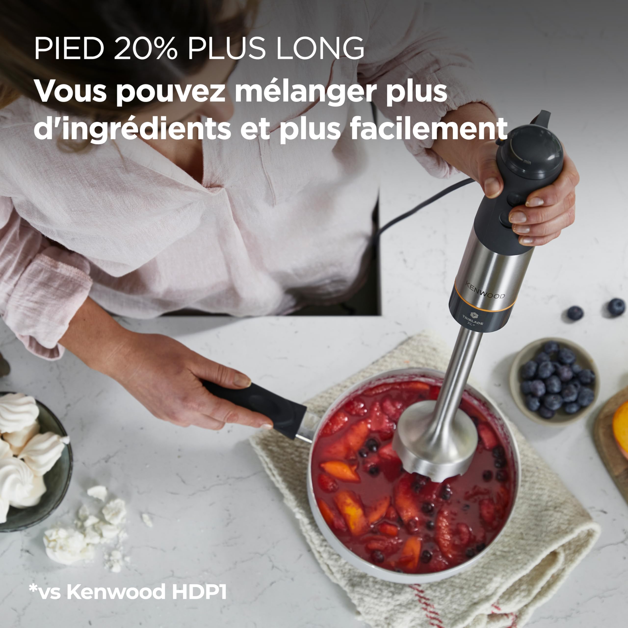 Kenwood HBM60.007GY, Mixeur Plongeant avec accessoires fouet en métal, bécher avec bec verseur, presse-purée métallique, 2 vitesses, 1000W, système Triblade, Tige XL, poignée SureGrip
