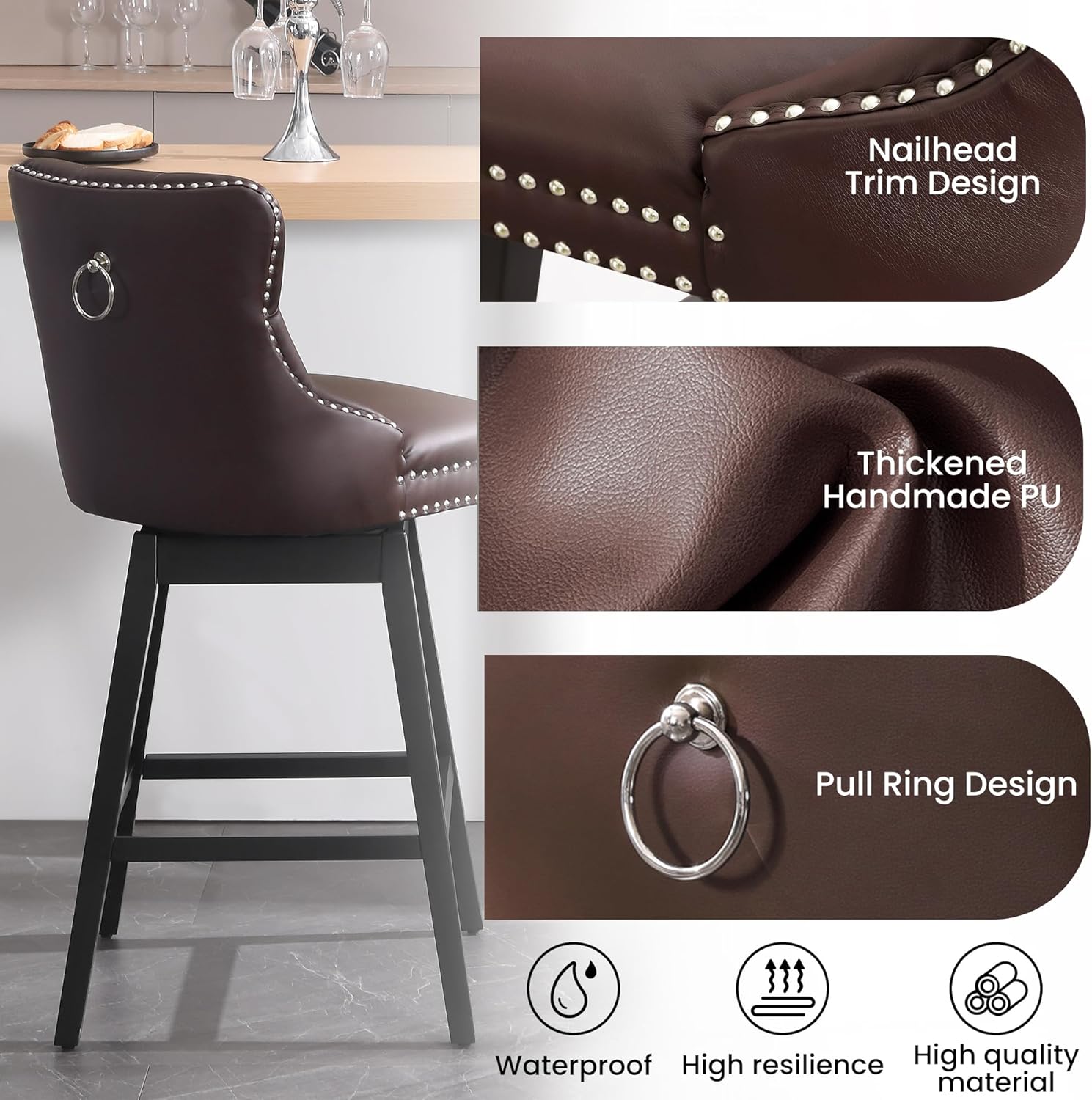 30 Inch Counter Height Bar Stools, Swivel Bar Stools Set of 2 with Backs, Barstools with Faux Leather Upholstered Seat & Solid Wood Footrest, Counter Height Chairs for Kitchen Island, Home Bar (Brown)