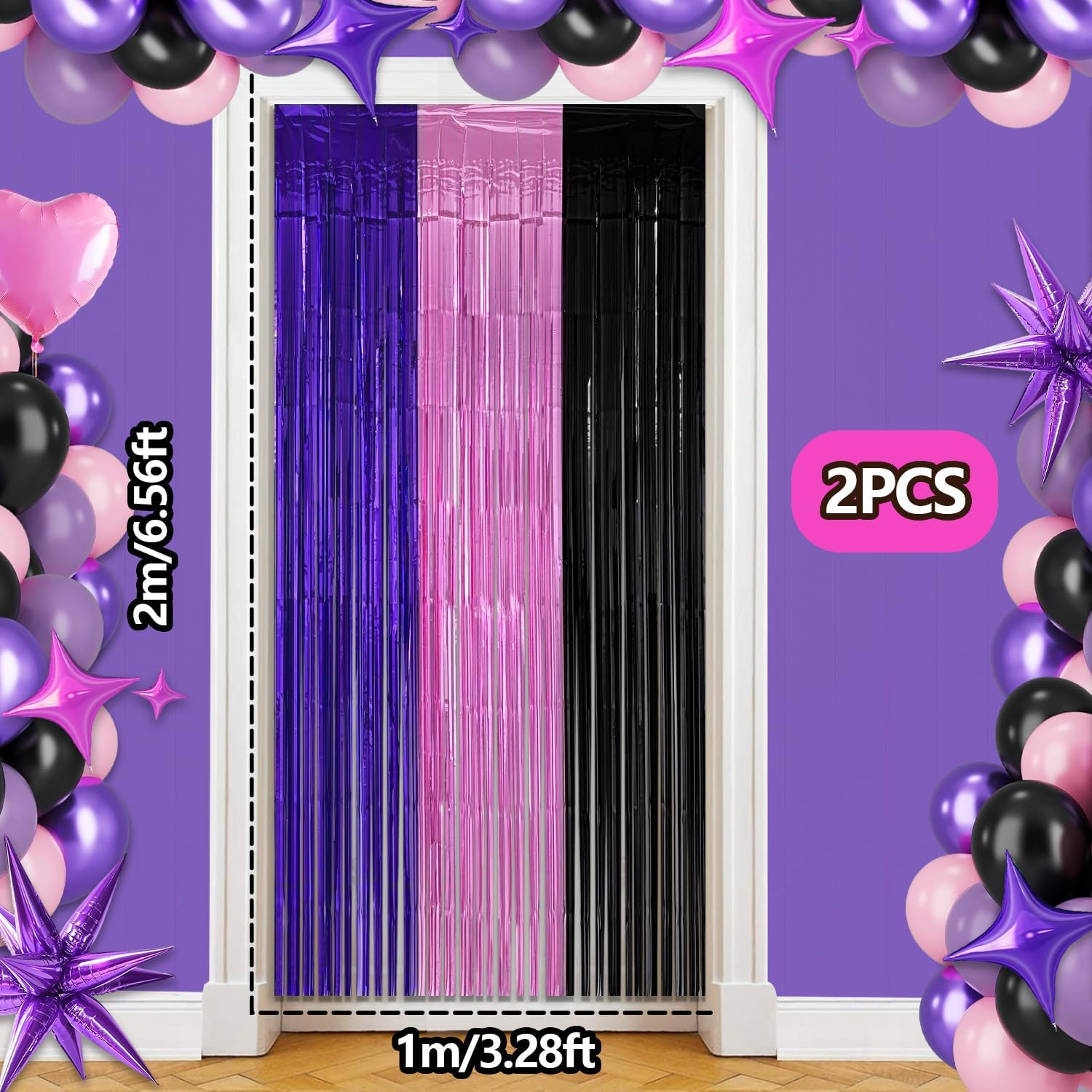 Pink Purple Black Foil Fringe Curtains Birthday Decorations, 2 Pack 3.2x6.6ft Kawaii Tinsel Backdrop Photo Booth Props Cute Anime Birthday Party Decorations Supplies Favors - Image 3