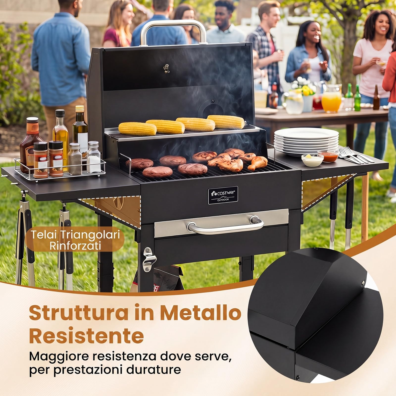 COSTWAY Barbecue a Carbonella con Tavolini Laterali, Forno BBQ con Griglia di Cottura, Termometro e 2 Ruote, Barbecue con Coperchio e Ripiano Aperto per Campeggio e Picnic, 110 x 43 x 105 cm