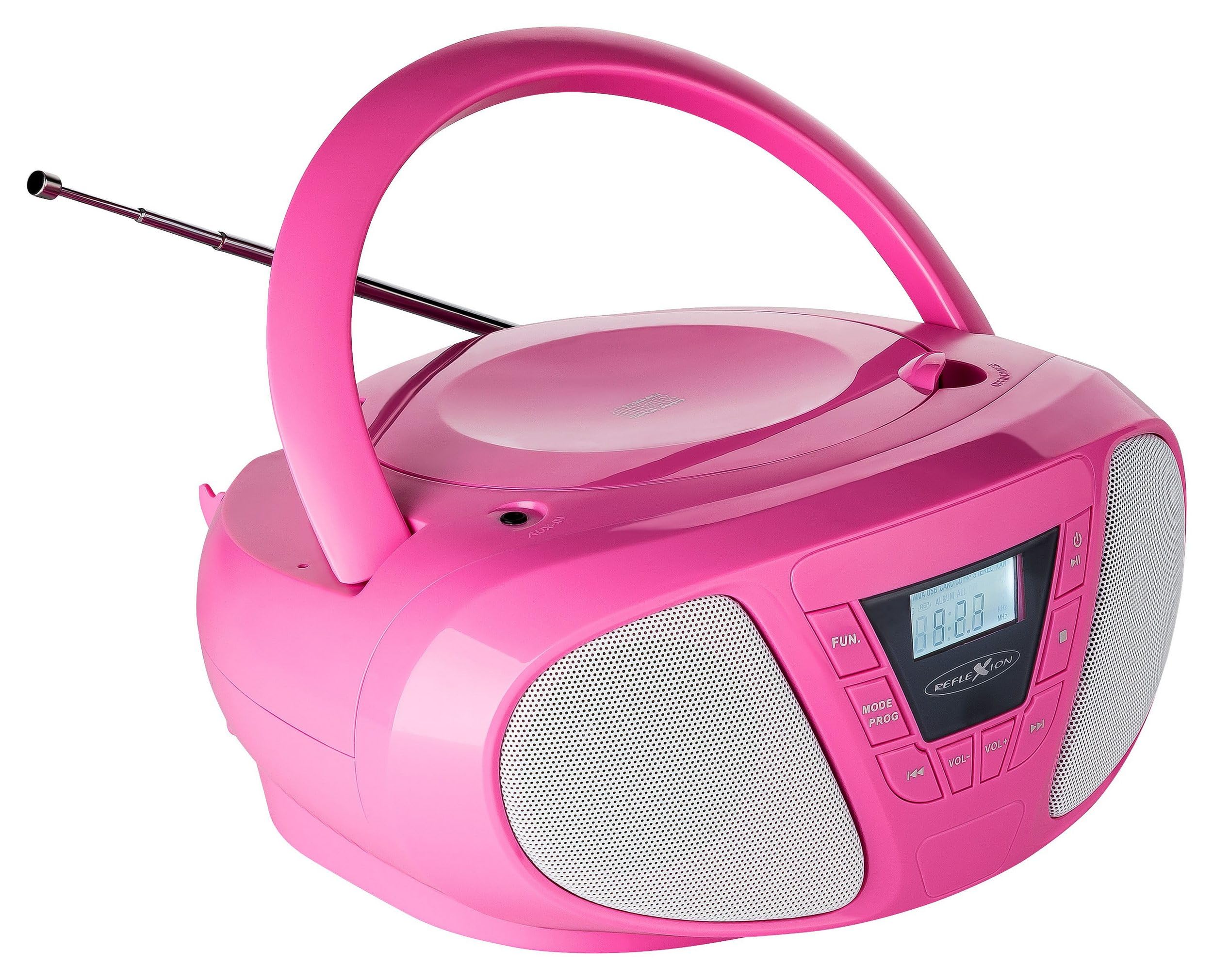 REFLEXION CDR614PK, Tragbares CD-UKW-PLL-Stereo Radio (2x16 Watt max. Musikleistung), 3,5mm AUX-IN Anschluss, Programmier-Funktion (CD: 20 Tracks), Pink