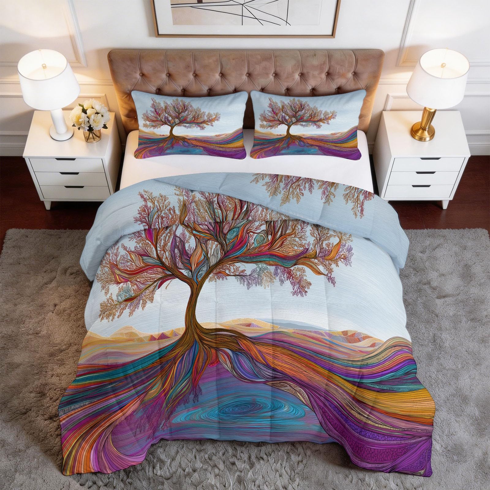 Genérico Edredón Invierno 240x260cm Árbol De La Vida Abstracto Y Colorido Edredón Nórdico Acolchado Suave Cálido y Transpirable con 2 Fundas Almohada 50x70cm, Lavable, 4 Estaciones