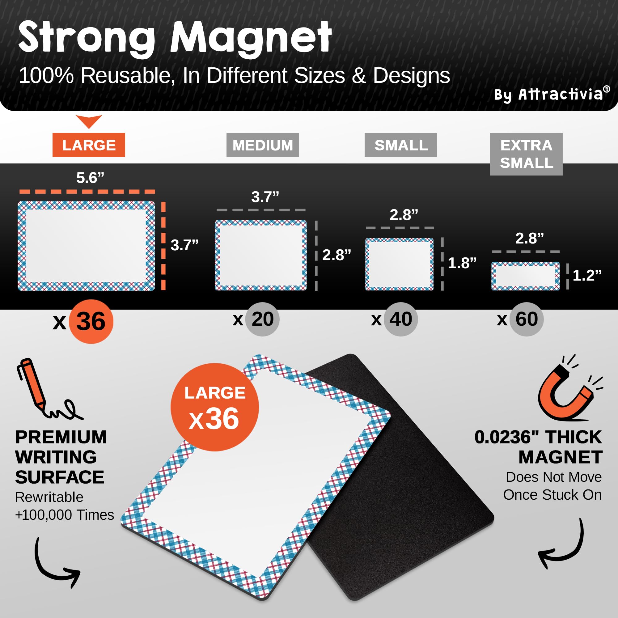 Attractivia Etykiety magnetyczne suchościeralne, 14,2 x 9,4 cm, z obramowaniem wzoru, duże magnesy suchościeralne, 36 sztuk, wymazywalne karty do pisania, do biura, edukacji, domu, tablicy