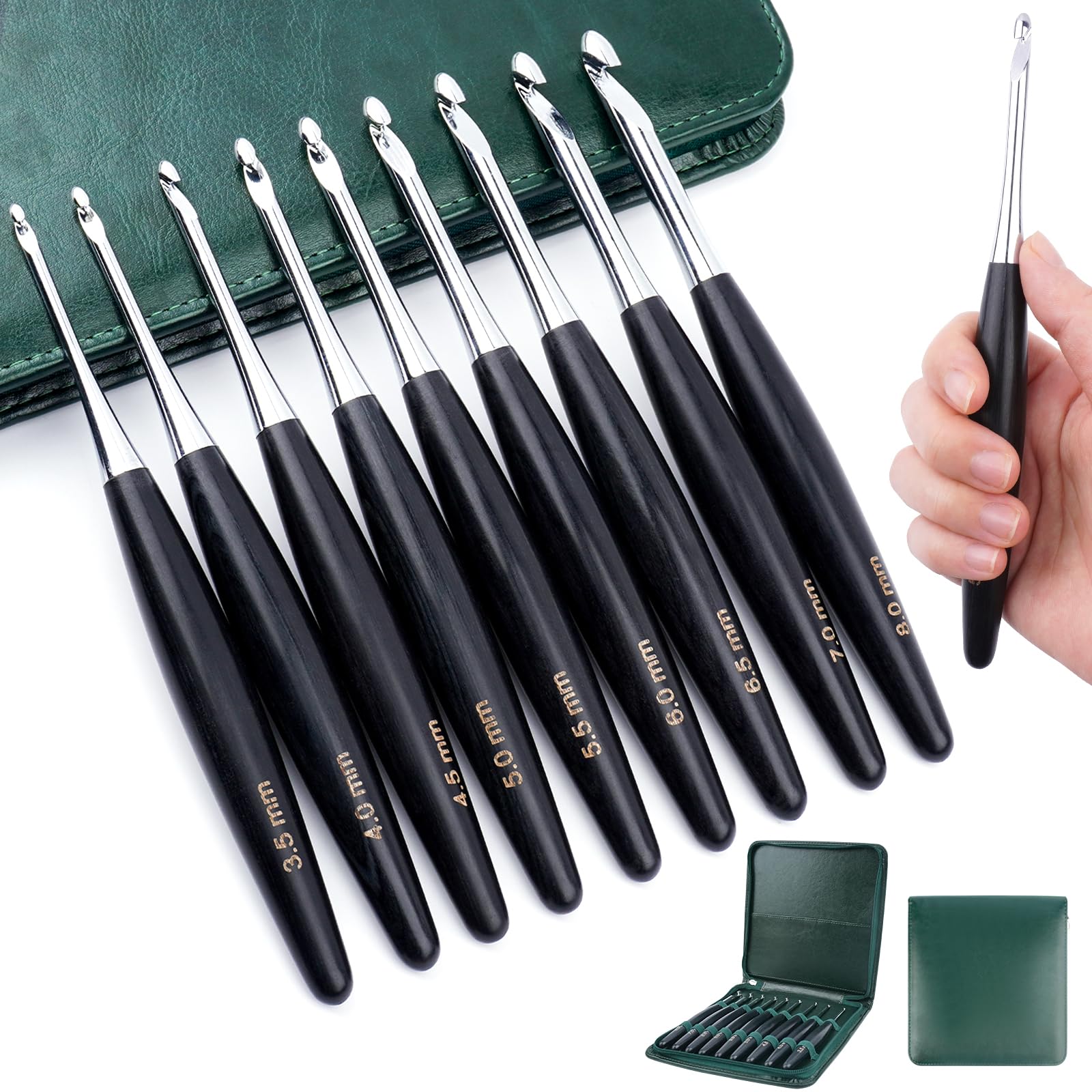 Hobekoee Inline Crochet Hooks 9 Sizes 3.5mm(E)-8mm(L) Crochet Hooks Set with Case,Longer＆Ergonomic Wood Handle Crochet Needles Set for Arthritic Hands