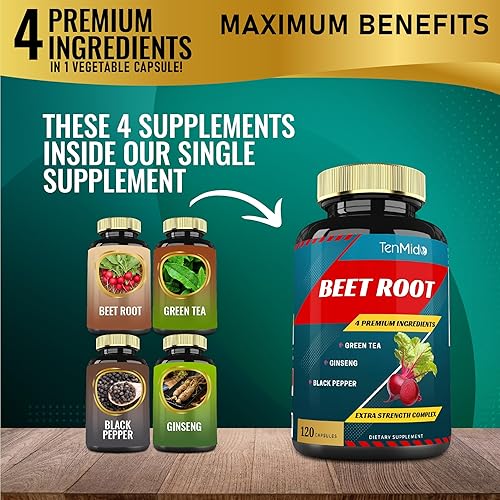 Miniatura 2 de Cápsulas de extracto de raíz de remolacha, suministro de 4 meses y té verde, ginseng, pimienta negra | Aumento de energía, apoyo de rendimiento