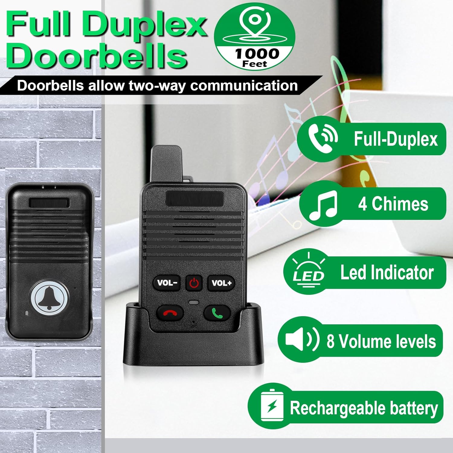 Wireless Doorbell, Hands Free Intercom Doorbells 1000ft Range, Full Duplex Two Way Communication Door Bell for Home, 8 Volume Levels with 4 Chimes LED Flash (2Pack Black) Wireless Doorbell, Hands Free Intercom Doorbells 1000ft Range, Full Duplex Two Way Communication Door Bell for Home, 8 Volume Levels with 4 Chimes LED Flash (2Pack Black)