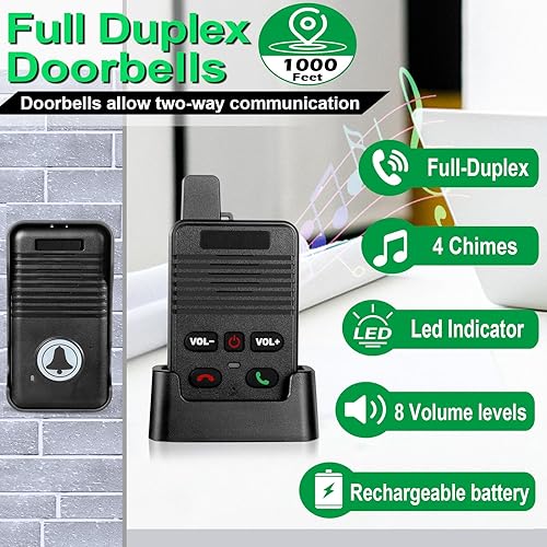 Miniatura 2 de Timbre inalámbrico, timbre de intercomunicación manos libres, rango de 1000 pies, timbre de puerta de comunicación bidireccional dúplex completo