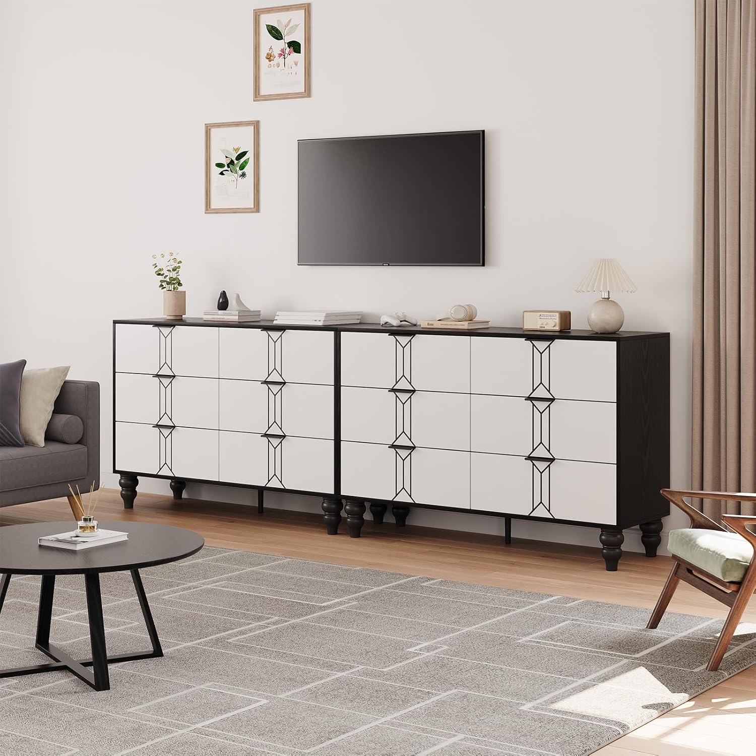 IDEALHOUSE Modern Wooden 6 Drawer Dresser with Vintage Pattern Design, Chest Dresser with Deep Drawers for Bedroom, Living Room and Entryway, Black and White