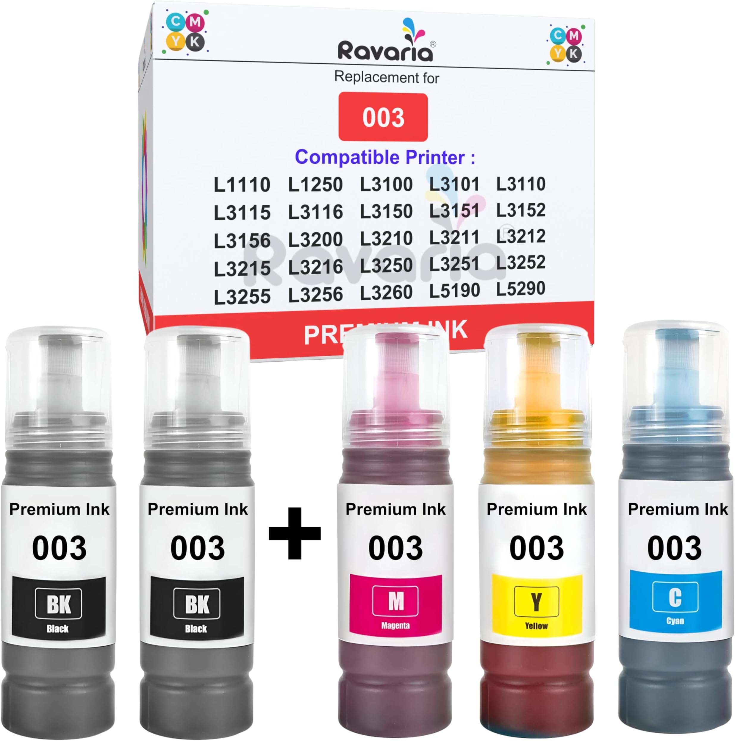 003 Compatible Ink for Epson Printer L1110 L3100 L3101 L3110 L3115 L3116 L3150 L3151 L3152 L3156 L5190 (003 Ink Set + 1 Black Extra)