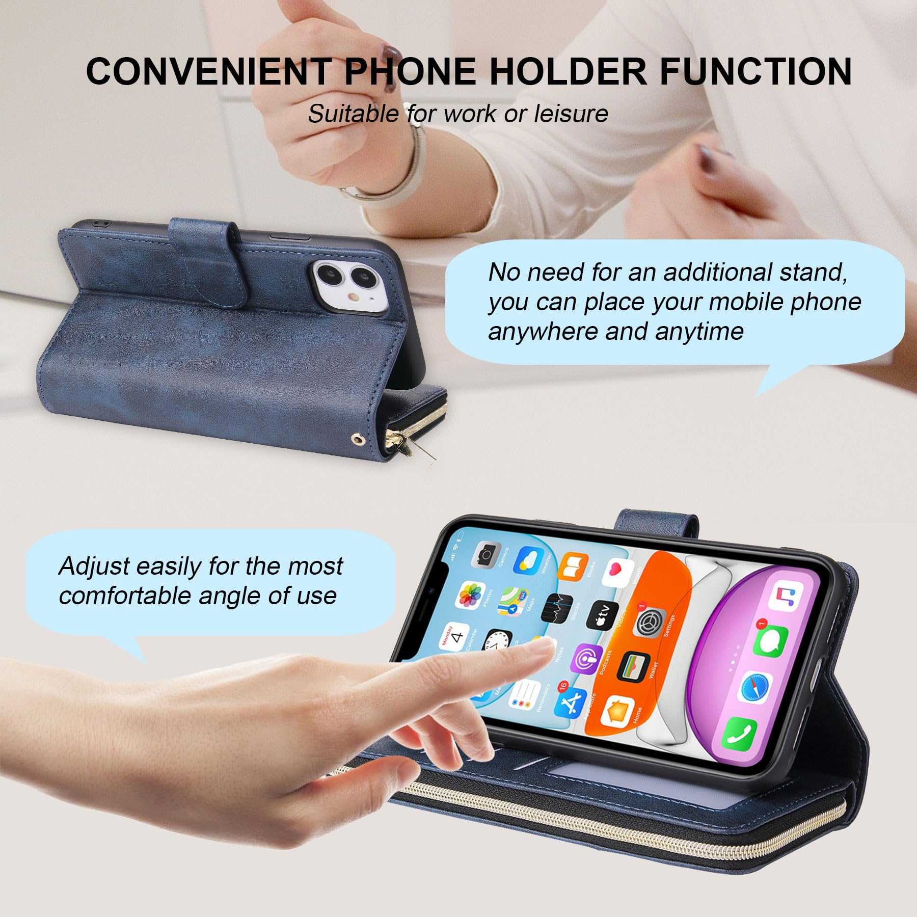 ZCDAYE Custodia a portafoglio per iPhone XR, Premium, con chiusura magnetica, tasca con cerniera, in pelle PU, con 9 scomparti per carte di credito, per iPhone XR 6,1", blu scuro