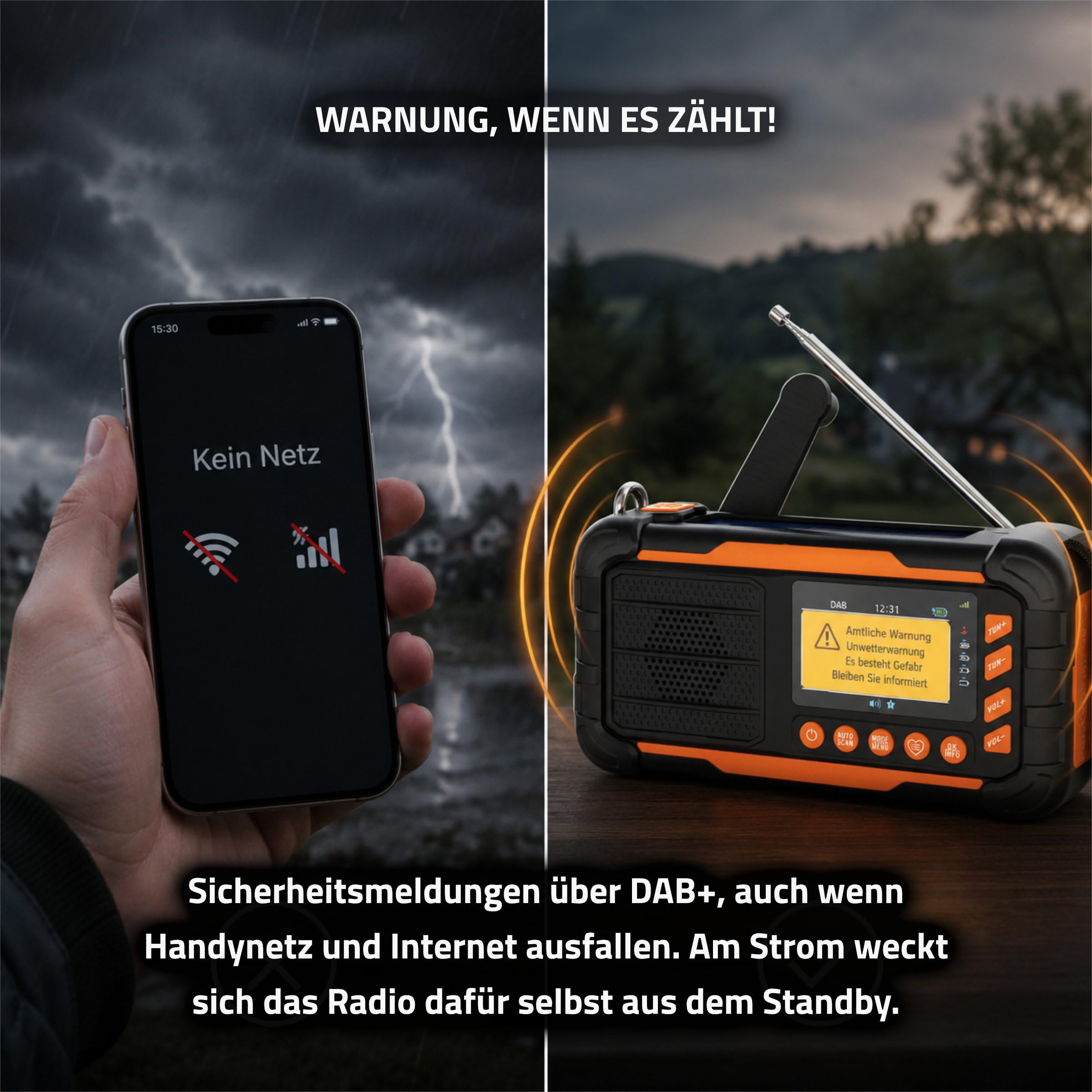 ration1 DAB+ Radio Kurbelradio Notfallradio mit Powerbank, Solar & Kurbel | 10.000 mAh, 80 h Laufzeit, USB-C, Bluetooth 5.3, 2 Zoll Display, Radiowecker, SOS, AA-Reserve, ASA Funktion, Baustellenradio