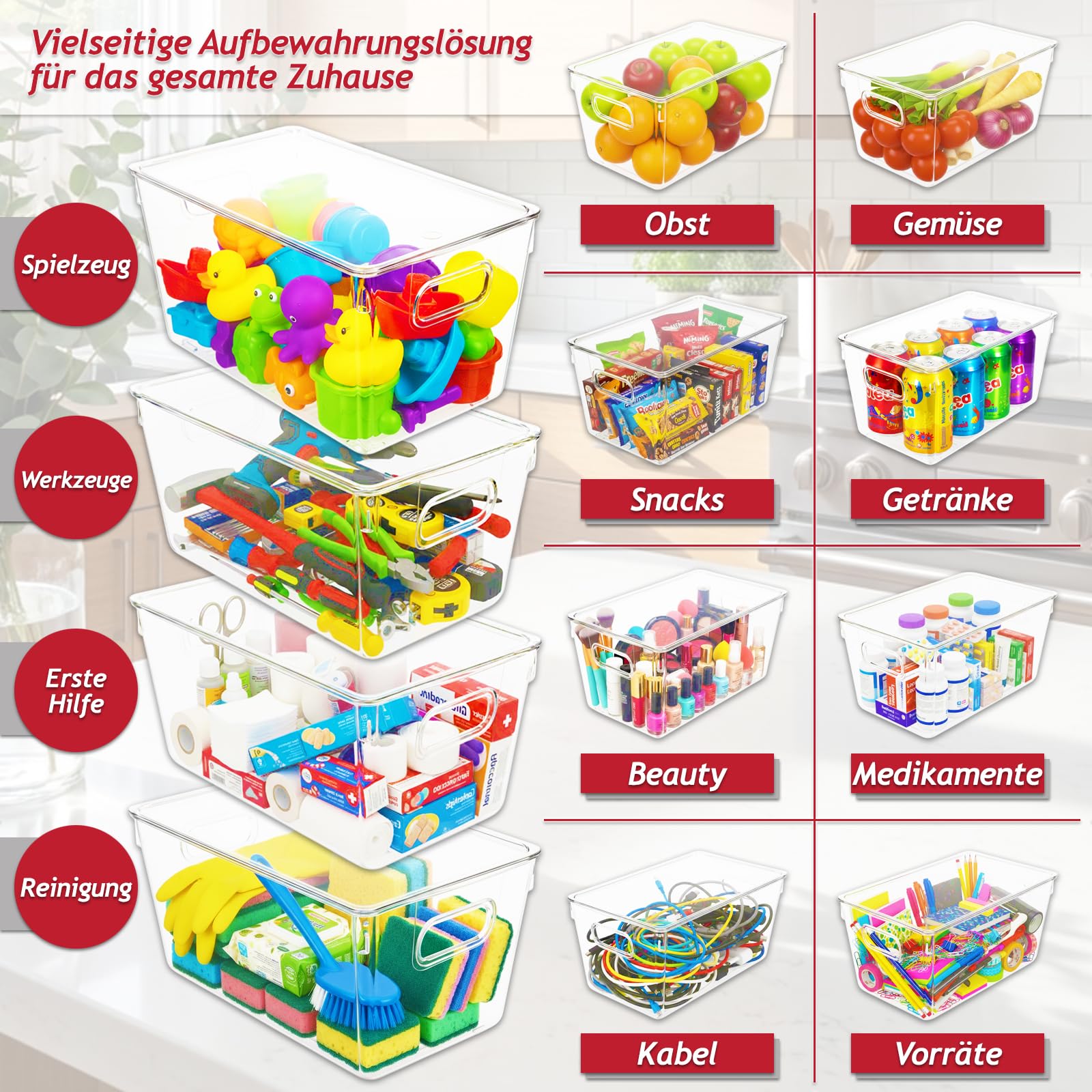 Spares2go Stapelbare Aufbewahrungsbehälter Organizer Box Tabletts mit Deckel Klar Kühlschrank Lebensmittel Getränke Speisekammer Schrank Haushalt Aufbewahrung Schubladen Set (8 Stück)