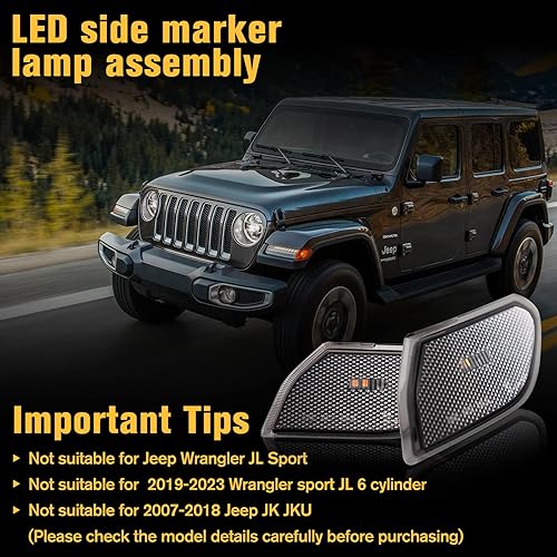 Miniatura 6 de LED Side Marker Light for Jeep Wrangler JL & Gladiator JT 2018 2019 2020 2021 2022 2023, Smoke Lens Amber Fender Flares Light Accessories Plug & Play