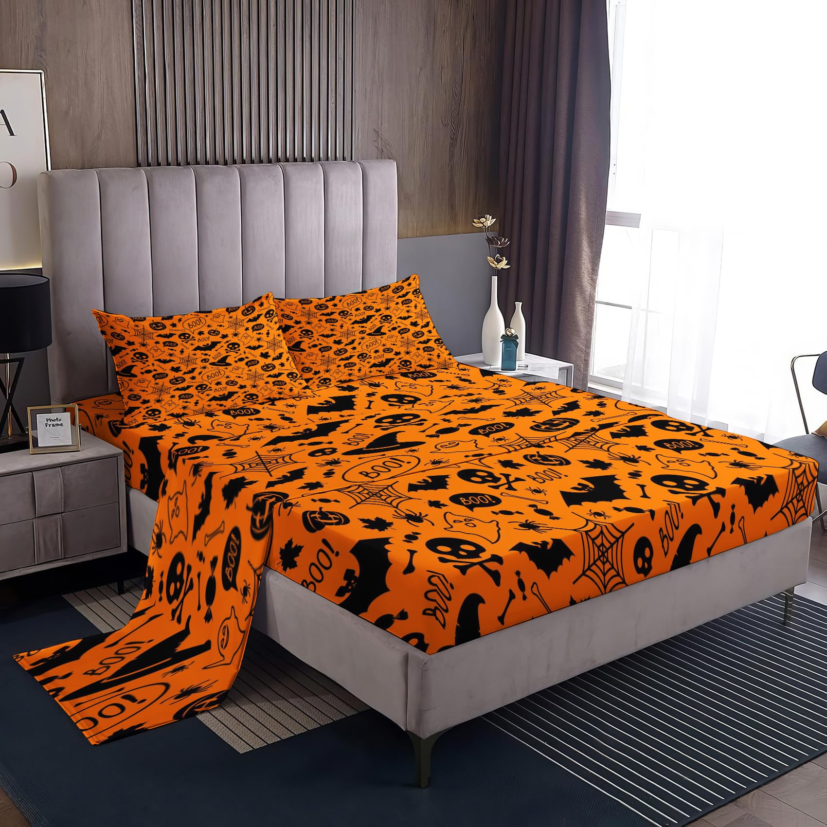 Halloween Sheets Queen Size - Burnt Orange and Black Bed Sheets for Kids Boys Girls, Spooky Sheet Set, Soft Microfiber & Deep Pocket & Wrinkle Free Fitted Sheet, Flat Sheet and Pillow Cases