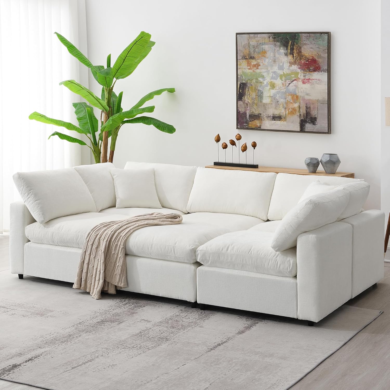 (Incomplete)Oversized U-Shaped Modular Sectional Sofa Full Foam Cushions Deep Seat Reversible Chaises Cloud Couch Living Room Convertible Sleeper Chenille Upholstered Sofabed with Movable Ottomans White-958 6 Seaters Customizable Modular Sectional