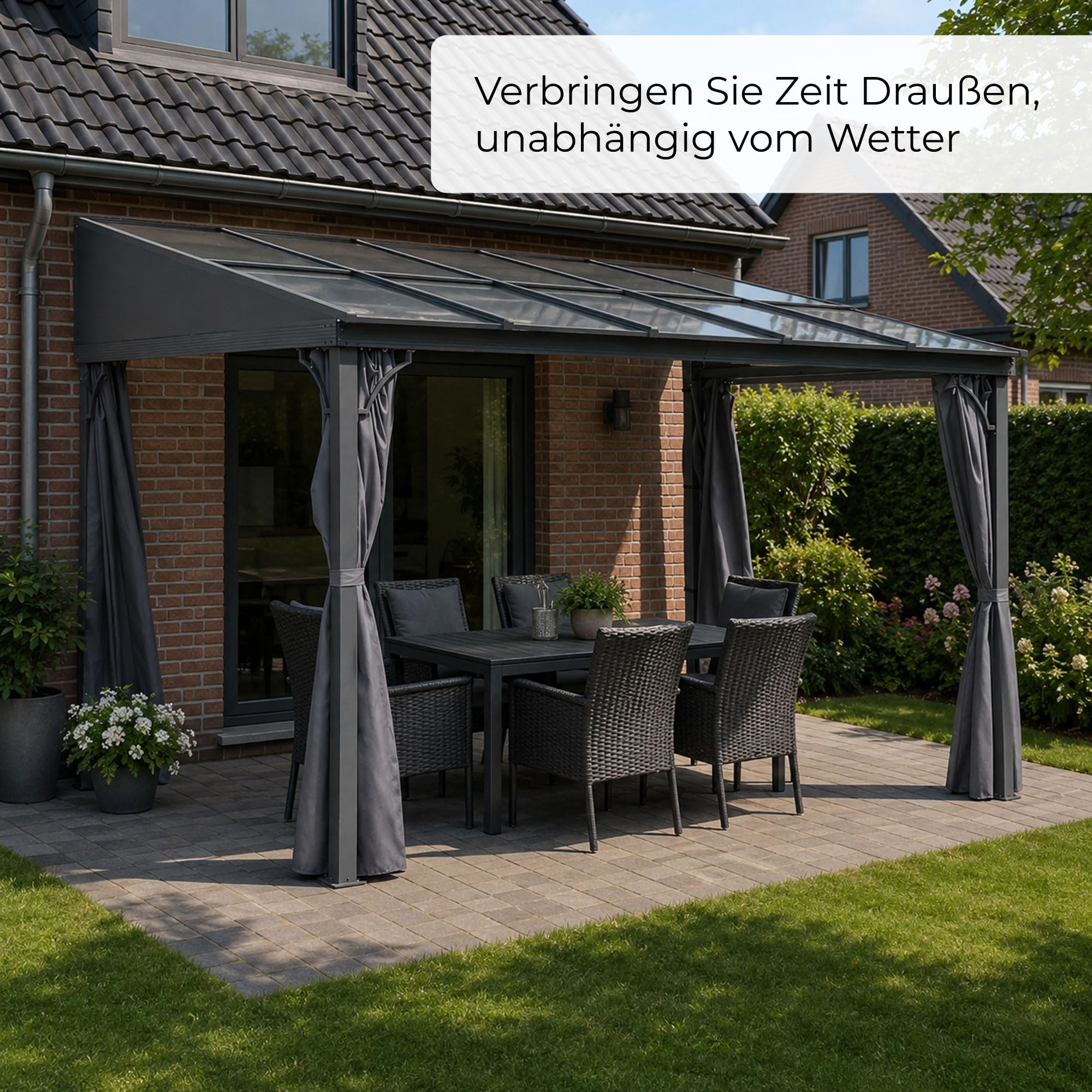 Terrassendach Toledo | Terrassenüberdachung Gartenpavillon lichtdurchflutet Aluminium | Hardtop Pavillon 12 m² - 4 x 3 m (B x T) anthrazit incl. 270° Wind- und Regenschutz