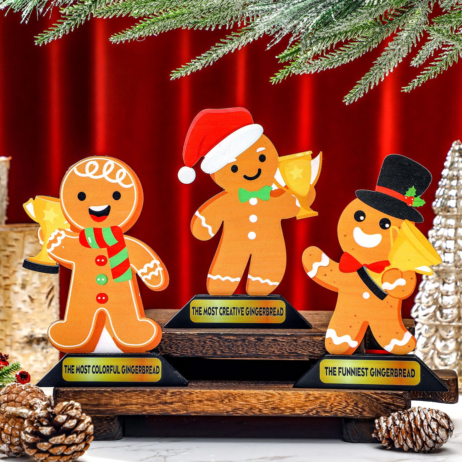 Beeveer 3 Pcs Christmas Gingerbread Man Contest Trophy 6.1 Inch Wooden Gingerbread Man Decorating Kit Funny Party Trophies Gingerbread House Awards for Christmas Xmas Decorations