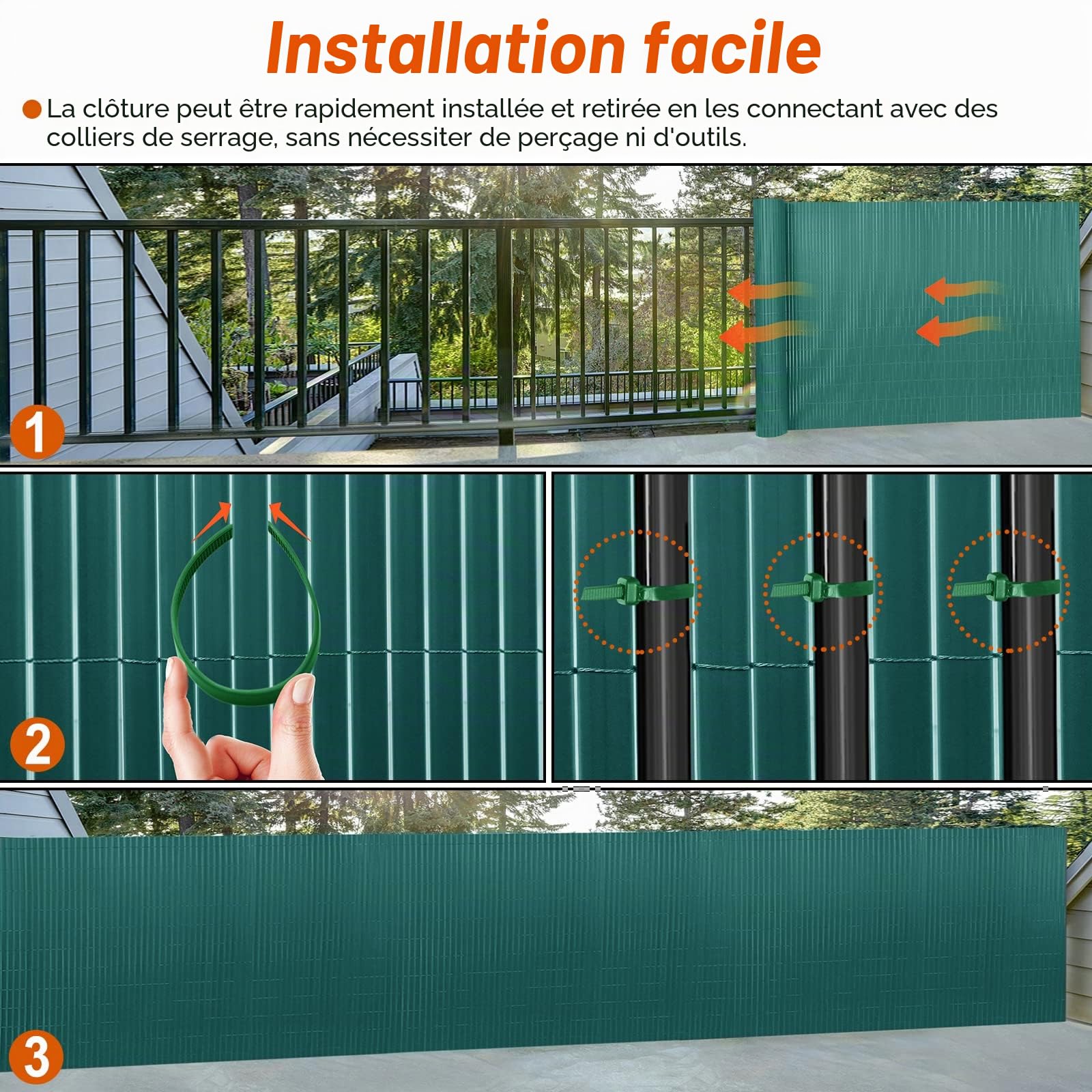 FIVMEN Canisse en PVC Brise Vue 180 x 300 cm Clôtures avec Serre-Câbles Protection Contre le Vent Imperméable Sans Perçage pour Jardin, Terrasse - Vert