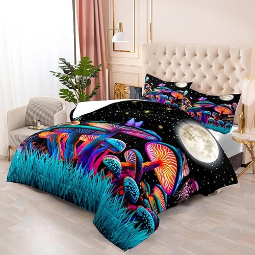 Miniatura 10 de LUVIVIHOME Juego de edredón de 2 piezas, color verde azulado con hongos trippy, tamaño individual, ropa de cama para niños y niñas, plantas