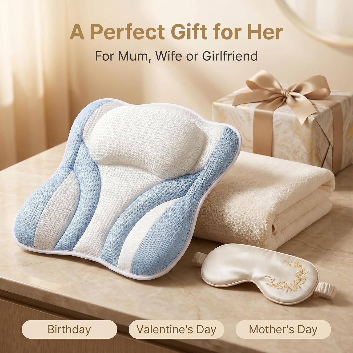 Bath Bathtub Pillow Spa Pillows for Tub 5D Mesh Suction Cups Head Neck Back Support Relaxing Bathing Lovers Gifts.(Blue White)