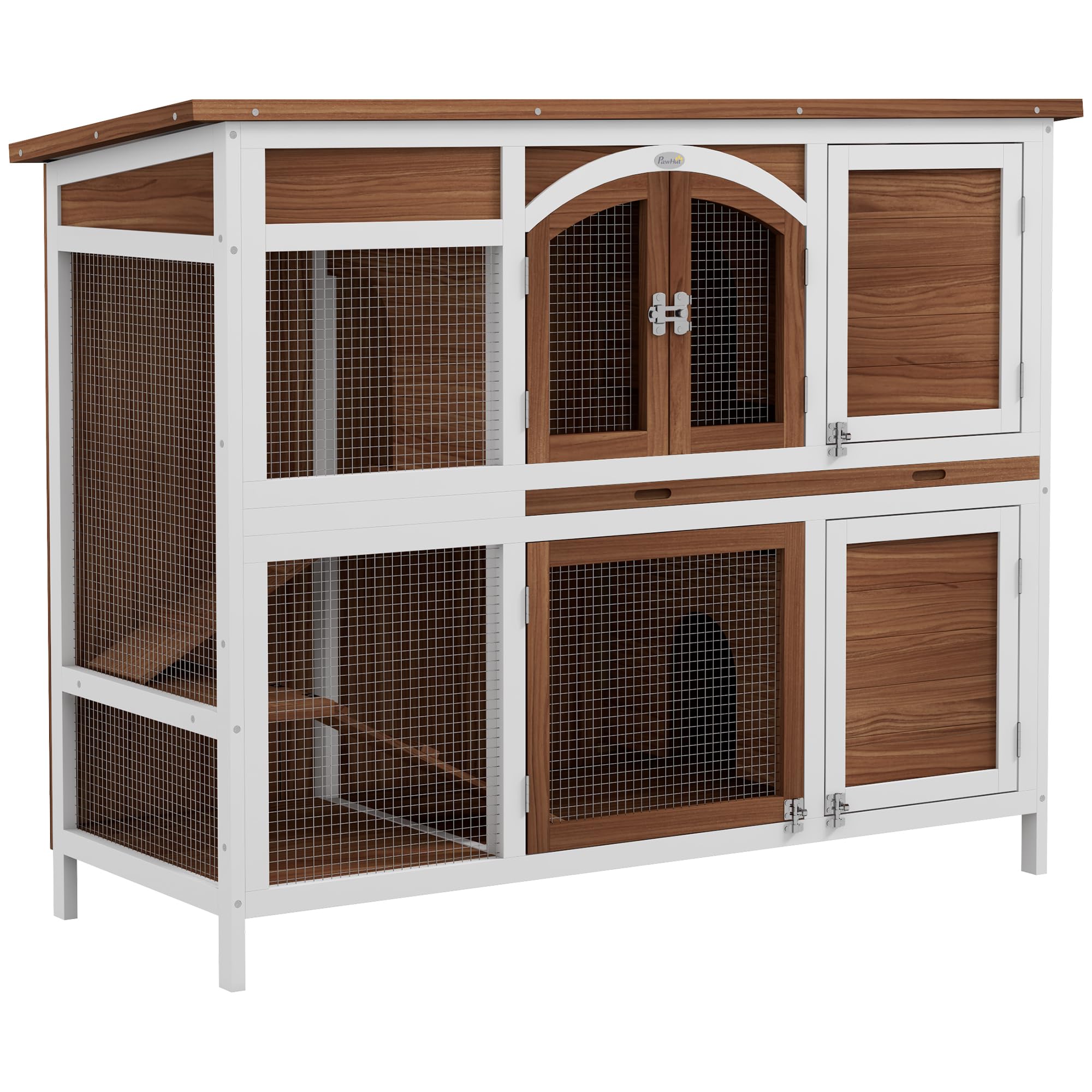Pawhut Brown Two-Tier Wooden Rabbit Hutch W/ Openable Roof, Slide-Out Tray, Ramp In