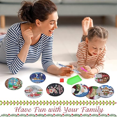 Miniatura 7 de ZYNERY 12 posavasos de arte de diamantes de Navidad con soporte, posavasos de pintura de diamantes con bolígrafo, kits de pintura de diamantes para