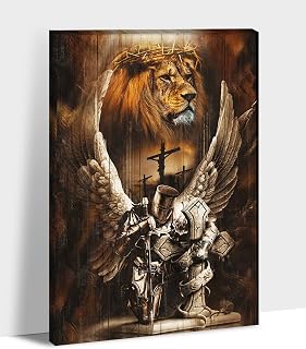 Warrior And Lion Wall Art - Angel Warrior Poster For living Room Decor, Armor Of God Christian Canvas Print Picture, Framed Artwork Knight Painting For Modern Bedroom Office Wall Decoration 12×18 Inch