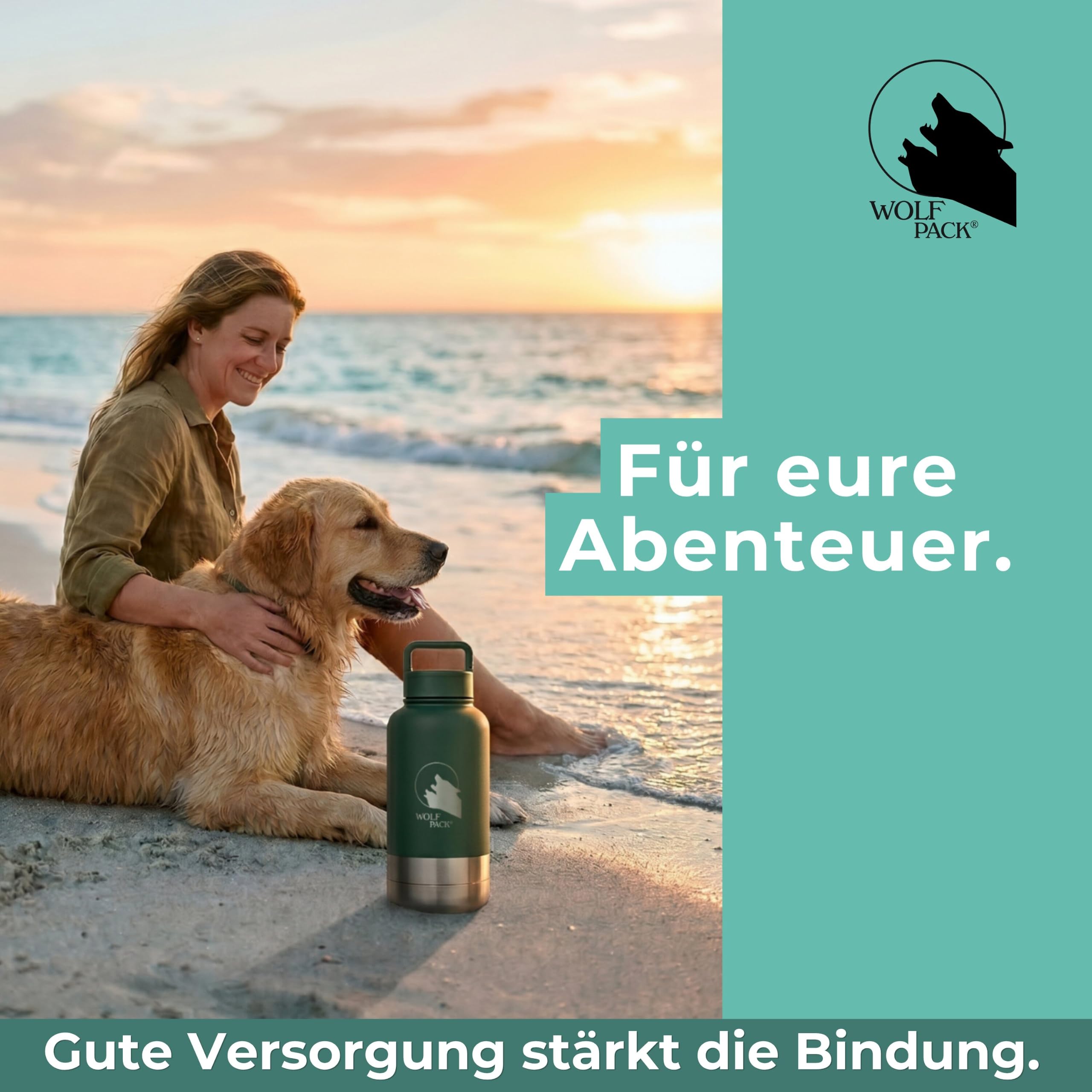 Wolf Pack Hydro Hundetrinkflasche für unterwegs – 1 L 3-in-1 Edelstahl-Trinkflasche mit 2 Hundenäpfen für Wasser und Futter, vakuumisoliert, auslaufsicher, BPA-frei, Karabiner