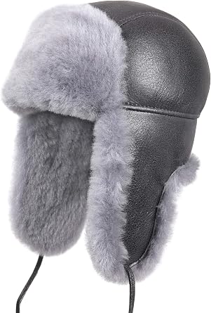 Leather Aviator Shearling Ushanka Trapper Hat Russian Sheepskin Cap Real Fur Winter Hat with Ear Flaps for Men Women