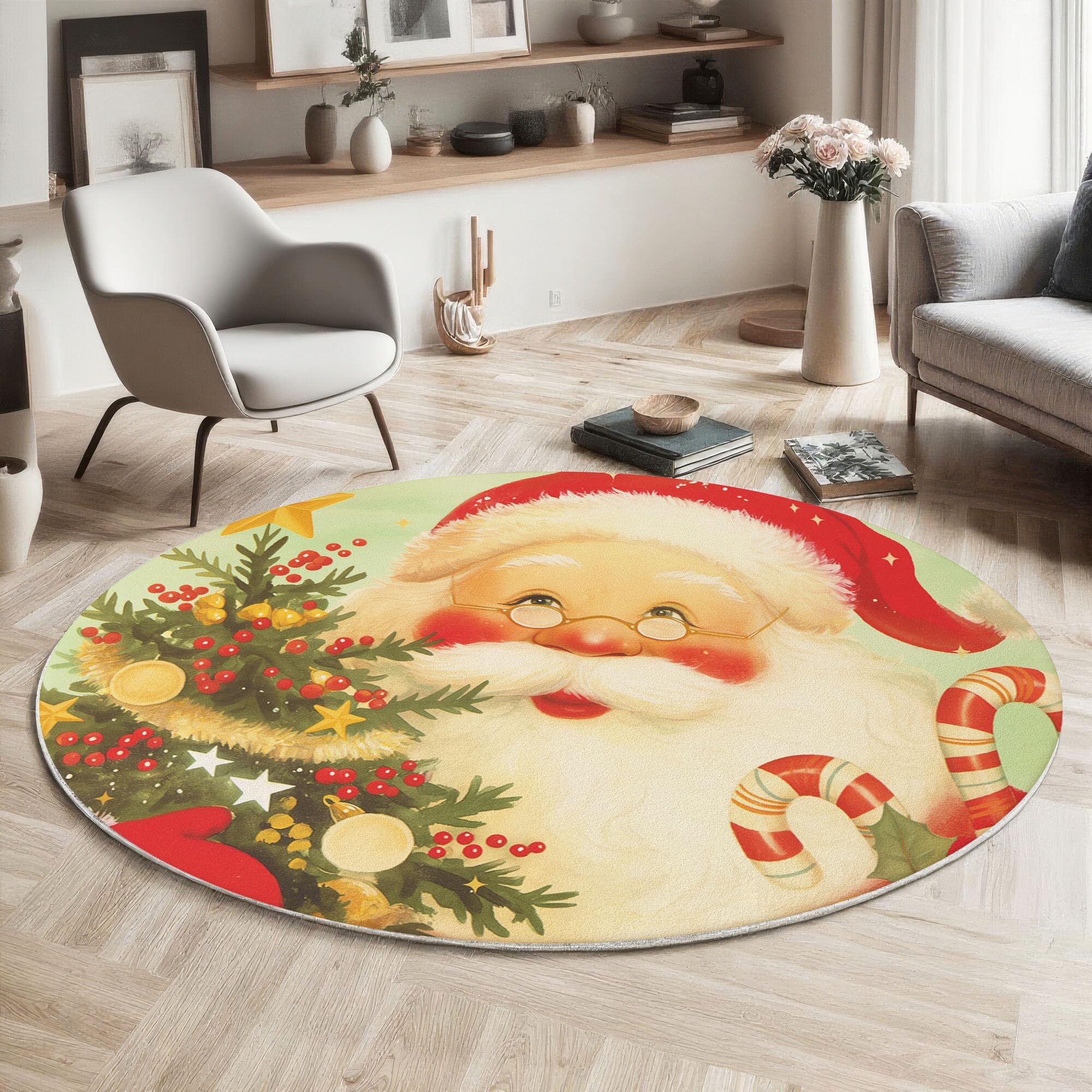 Tapis De Noël Rond, Motif Père Noël Mignon Illustration À L'Aquarelle Tapis De Salon Vert Sauge Doux Paillasson Antidérapant pour Salle À Manger Canapé Chambre d'enfant Fête, Diamètre 160 Cm