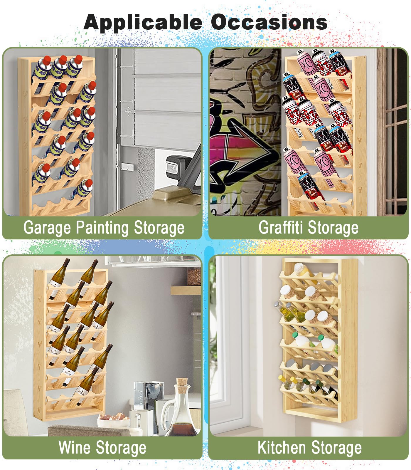 Nisorpa Support mural en bois pour 24 bombes de peinture en spray - Support de rangement mural pour peinture - Organiseur de bouteilles de peinture pour garage et espace de travail