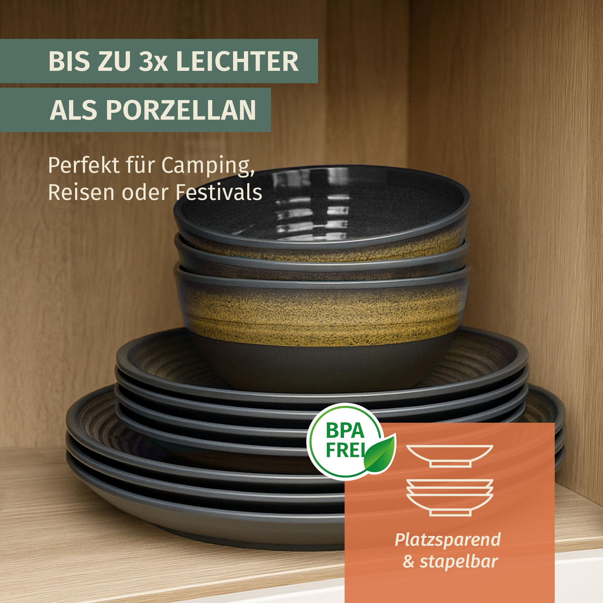 Moritz 12-częściowy zestaw naczyń kempingowych z melaminy dla 4 osób | nadaje się do mycia w zmywarce | piknikowy zestaw naczyń | naczynia kempingowe I Stone Curry Design