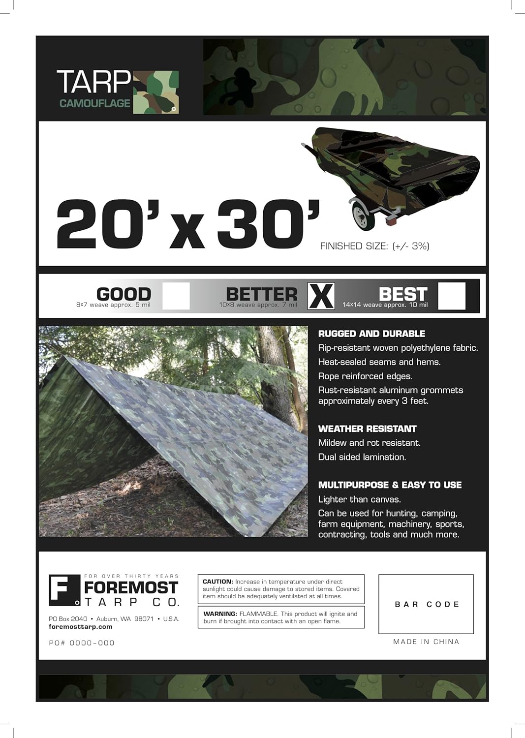 Dry Top Multi-Purpose Medium Duty Poly Tarp, 20x30 Feet, Green Camouflage