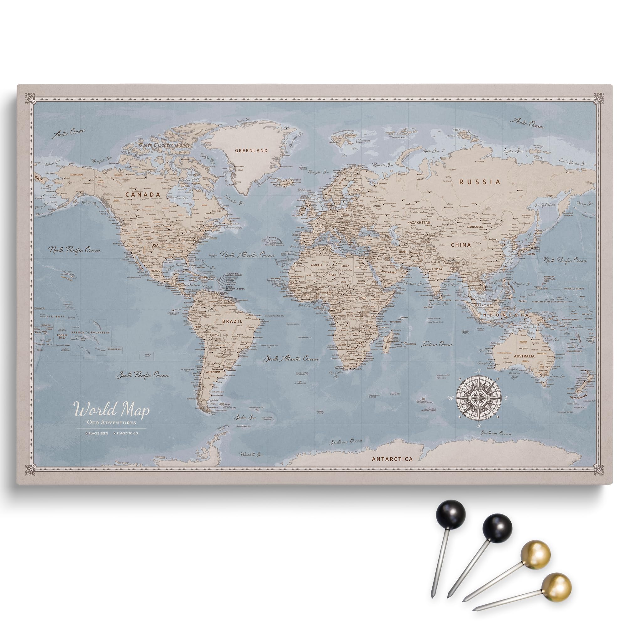 Personalized Push Pin World Map on Cotton Canvas, Travel Tracker with 100 Pins, Custom Wall Decor to Mark Travels, Ready to Hang (Design 6, 120 x 80 cm)