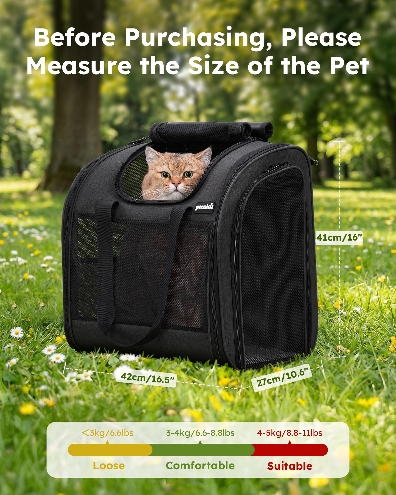 Pecute Zaino per Gatti & Cucciolo,con Disegno Ampliato e Design Ventilato, Pieghevole, con Cinghia di Sicurezza, Grigio Scuro