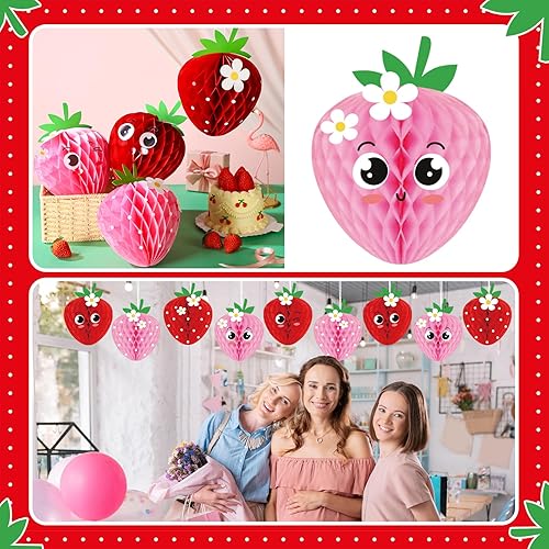 Miniatura 2 de WILLBOND 9 piezas de decoración de fiesta de fresa, bolas de panal de fresa, recuerdos de cumpleaños, centros de mesa de bayas, papel de seda,
